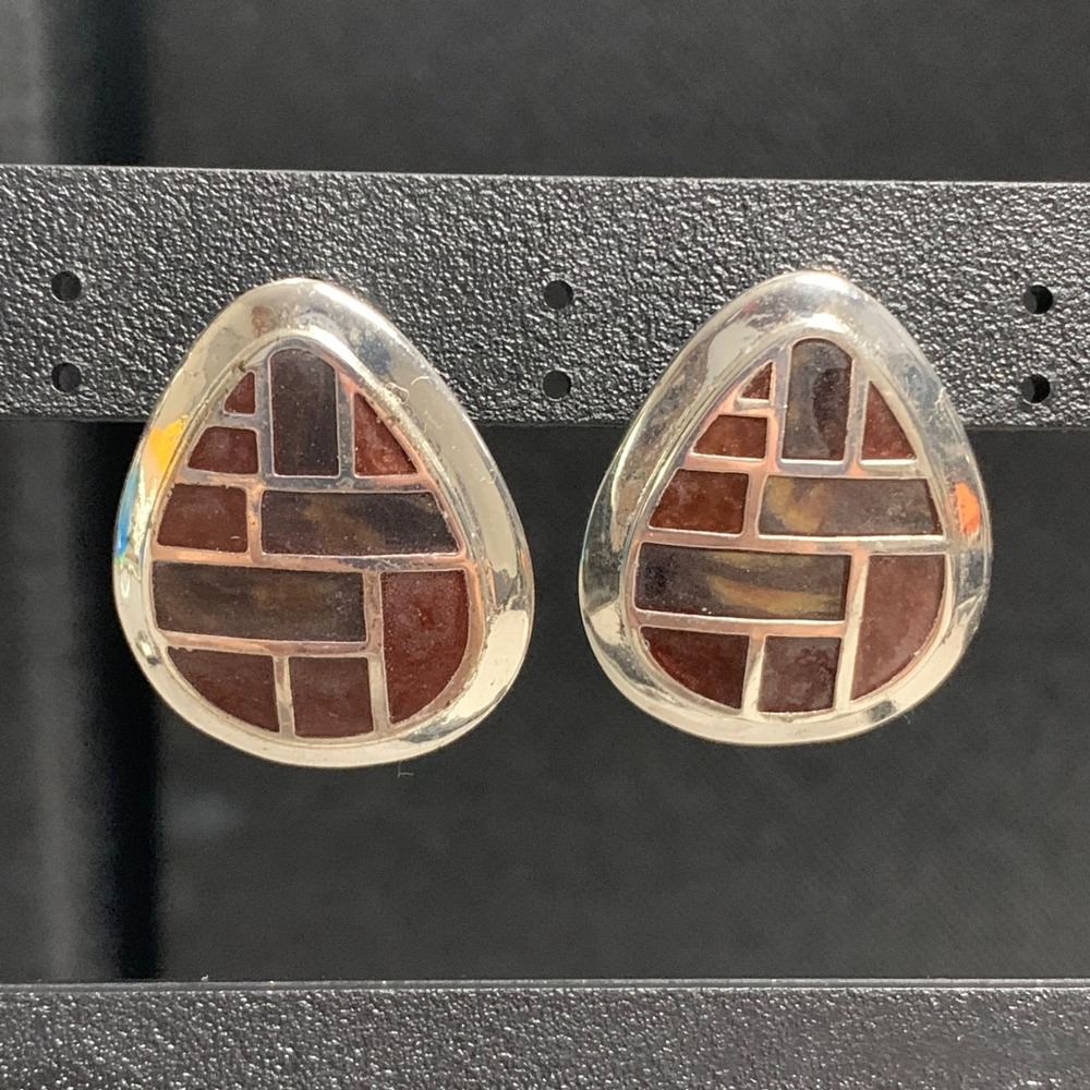 Vintage Silver Tone Brown‎ Geometric Inlay Teardrop Stud Earrings Boho 3932